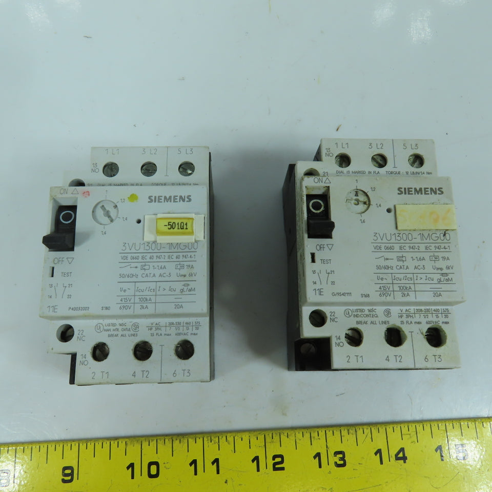 Siemens 3VU1300-1MG00 1 - 1.6A Motor Protector Circuit Breaker 600VAC Lot Of 2