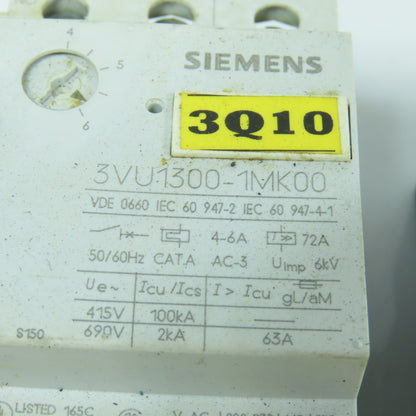 Siemens 3VU1300-1MK00 4 - 6A Motor Protector Circuit Breaker 600VAC Lot Of 7