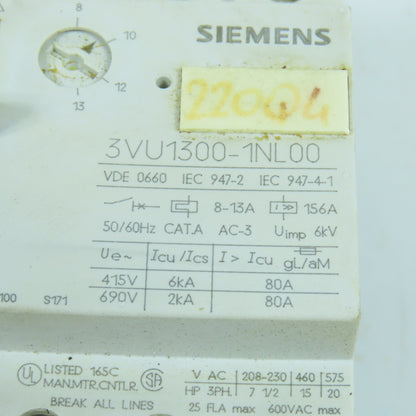 Siemens 3VU1300-1NL00 8-13A Motor Protector Circuit Breaker 600VAC