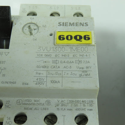 Siemens 3VU1300-1ME00 0.4-0.6A Motor Protector Circuit Breaker 600VAC Lot Of 3
