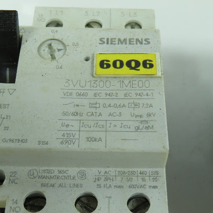 Siemens 3VU1300-1ME00 0.4-0.6A Motor Protector Circuit Breaker 600VAC Lot Of 3
