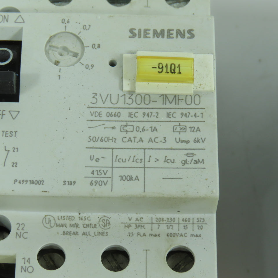 Siemens 3VU1300-1MF00 0.6-1A Motor Protector Circuit Breaker 600VAC Lot Of 4
