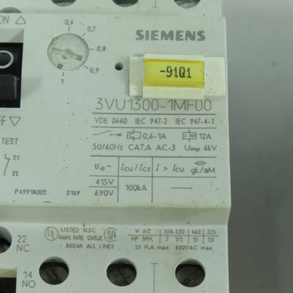 Siemens 3VU1300-1MF00 0.6-1A Motor Protector Circuit Breaker 600VAC Lot Of 4