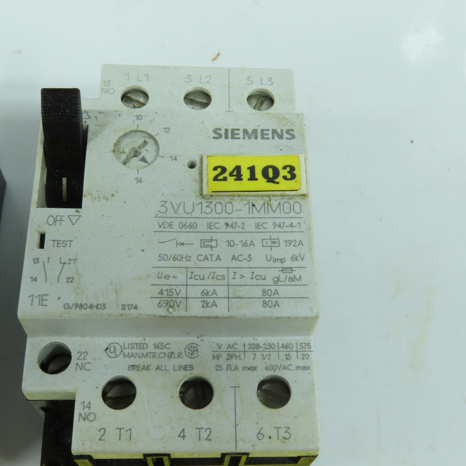 Siemens 3VU1300-1MM00 10-16A Motor Protector Circuit Breaker 600VAC Lot Of 2