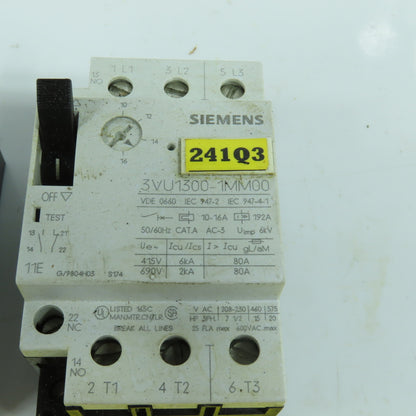 Siemens 3VU1300-1MM00 10-16A Motor Protector Circuit Breaker 600VAC Lot Of 2