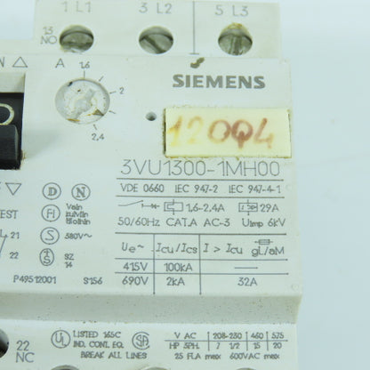 Siemens 3VU1300-1MH00 1.6-2.4A Motor Protector Circuit Breaker 600VAC Lot Of 2