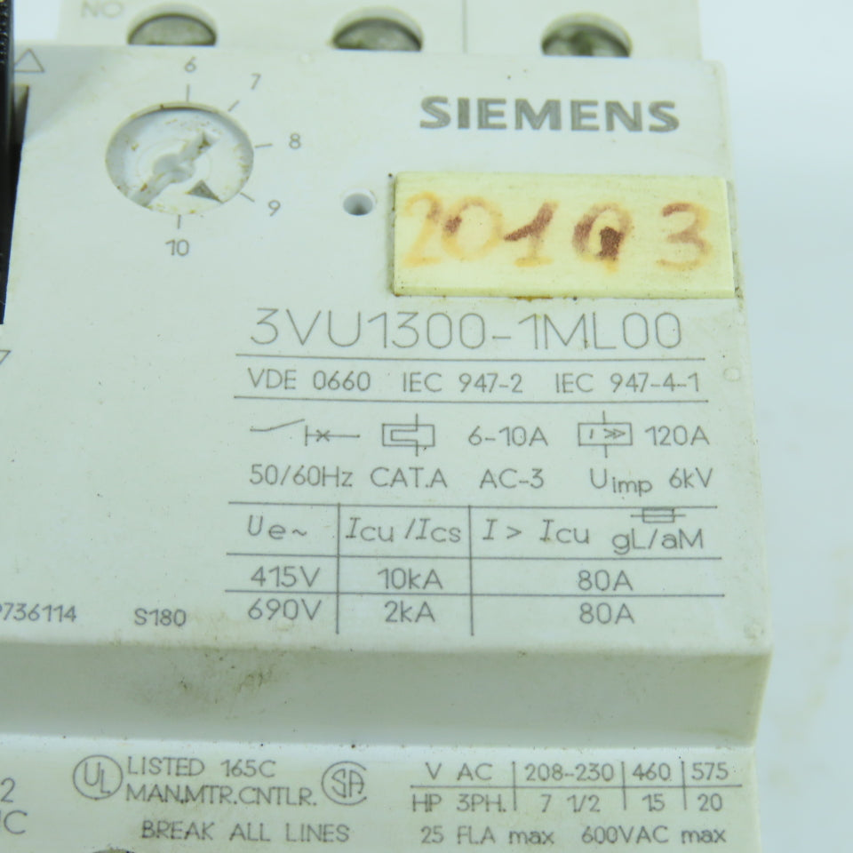 Siemens 3VU1300-1ML00 6-10A Motor Protector Circuit Breaker 600VAC Lot Of 2