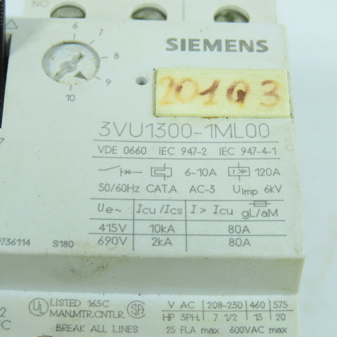 Siemens 3VU1300-1ML00 6-10A Motor Protector Circuit Breaker 600VAC Lot Of 2