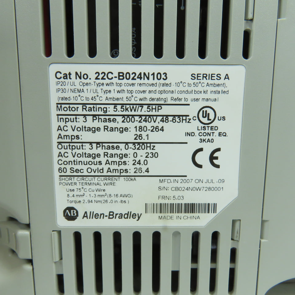 Allen Bradley 22C-B024N103 PowerFlex 400 7.5HP AC Drive 200-240V 3PH (23 Hours)