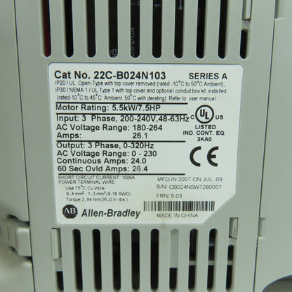 Allen Bradley 22C-B024N103 PowerFlex 400 7.5HP AC Drive 200-240V 3PH (23 Hours)