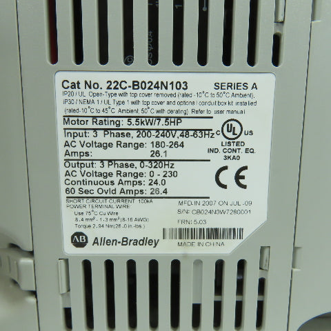 Allen Bradley 22C-B024N103 PowerFlex 400 7.5HP AC Drive 200-240V 3PH (23 Hours)