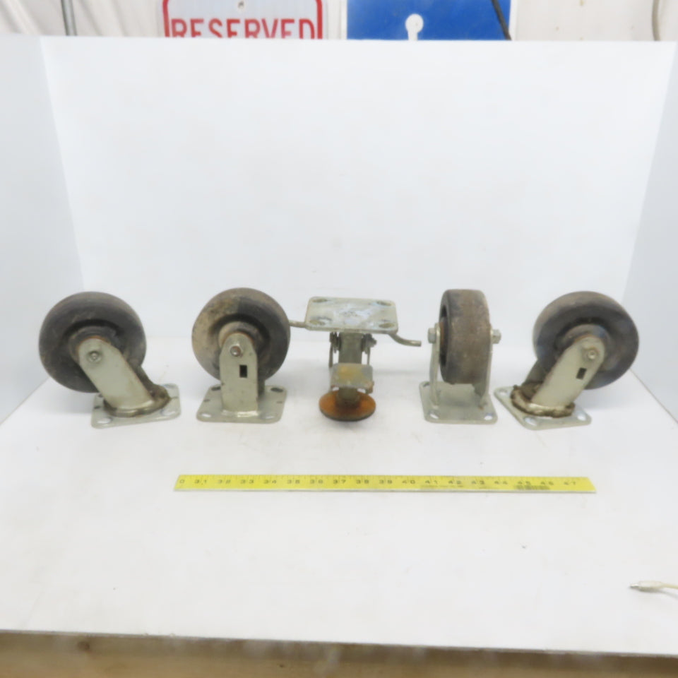 Durable Superior 5x2 Casters (2) Swivel & (2) Straight W/ Floor Lock Plate 5 pcs