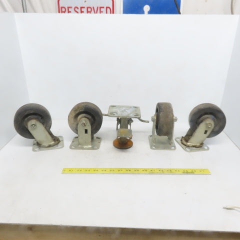 Durable Superior 5x2 Casters (2) Swivel & (2) Straight W/ Floor Lock Plate 5 pcs