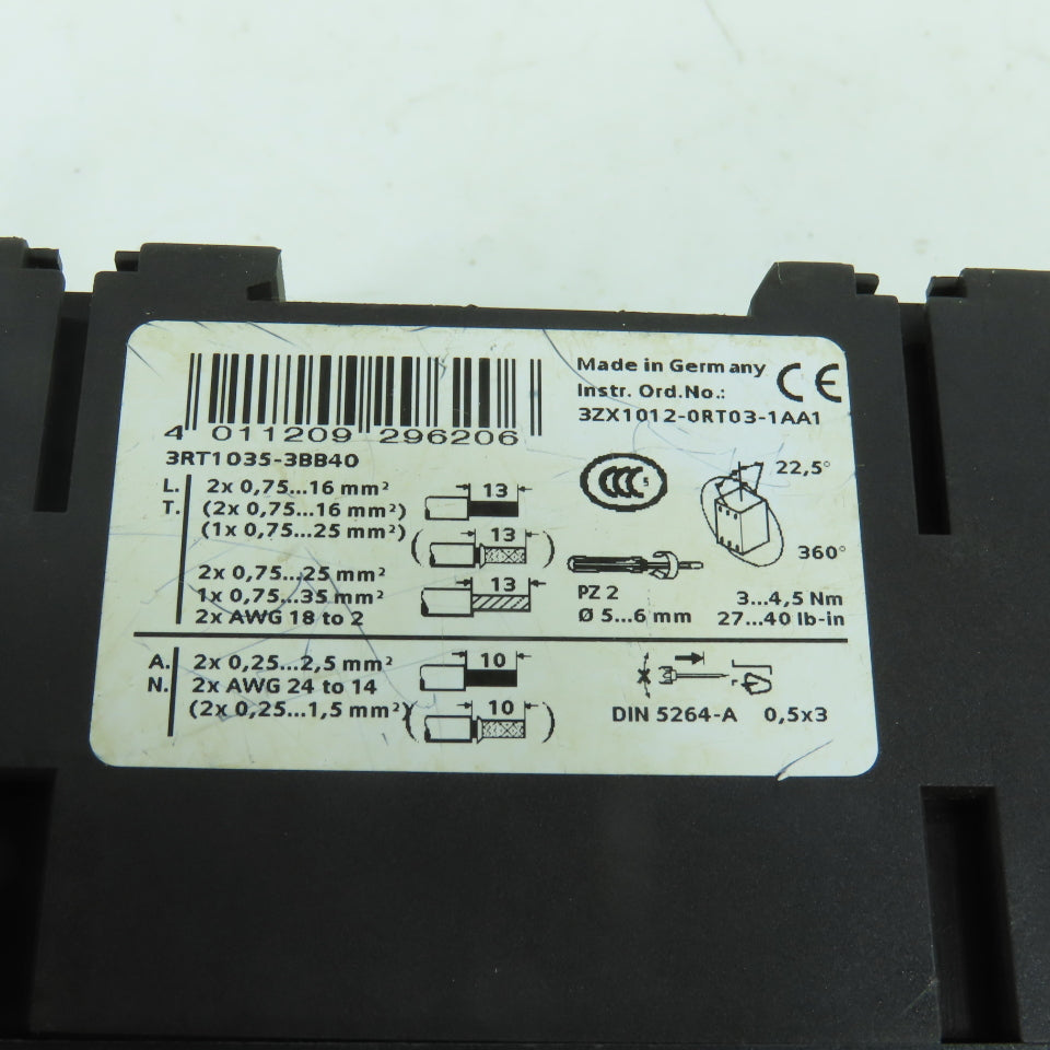 Siemens 3RT1035-3BB40 40A 600V Contactor 5-40HP 24V DC Coil