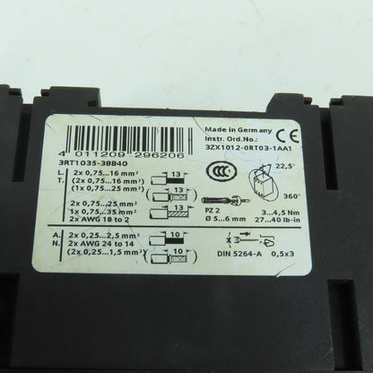 Siemens 3RT1035-3BB40 40A 600V Contactor 5-40HP 24V DC Coil