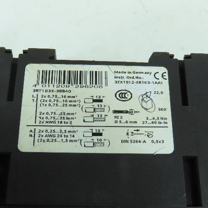 Siemens 3RT1035-3BB40 40A 600V Contactor 5-40HP 24V DC Coil