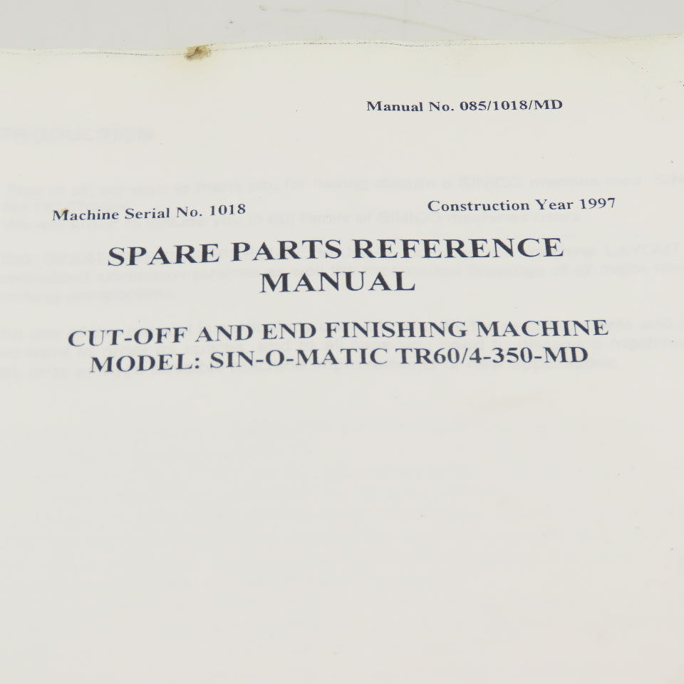 Sinico SIN-O-Matic TR60/4-350-MD Spare Parts Reference Manual 085/1018/MD 1997