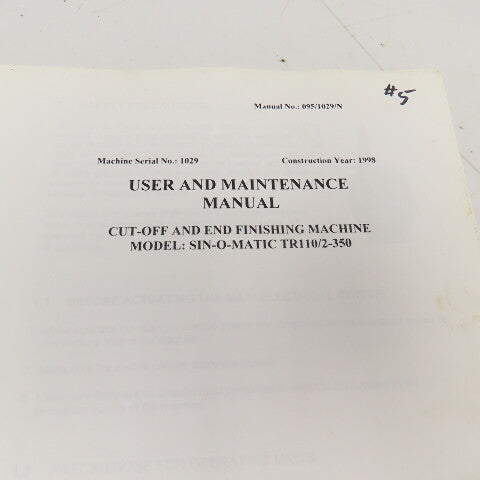 Sinico SIN-O-Matic TR110/2-350 Cut Off End Finishing User And Maintenance Manual
