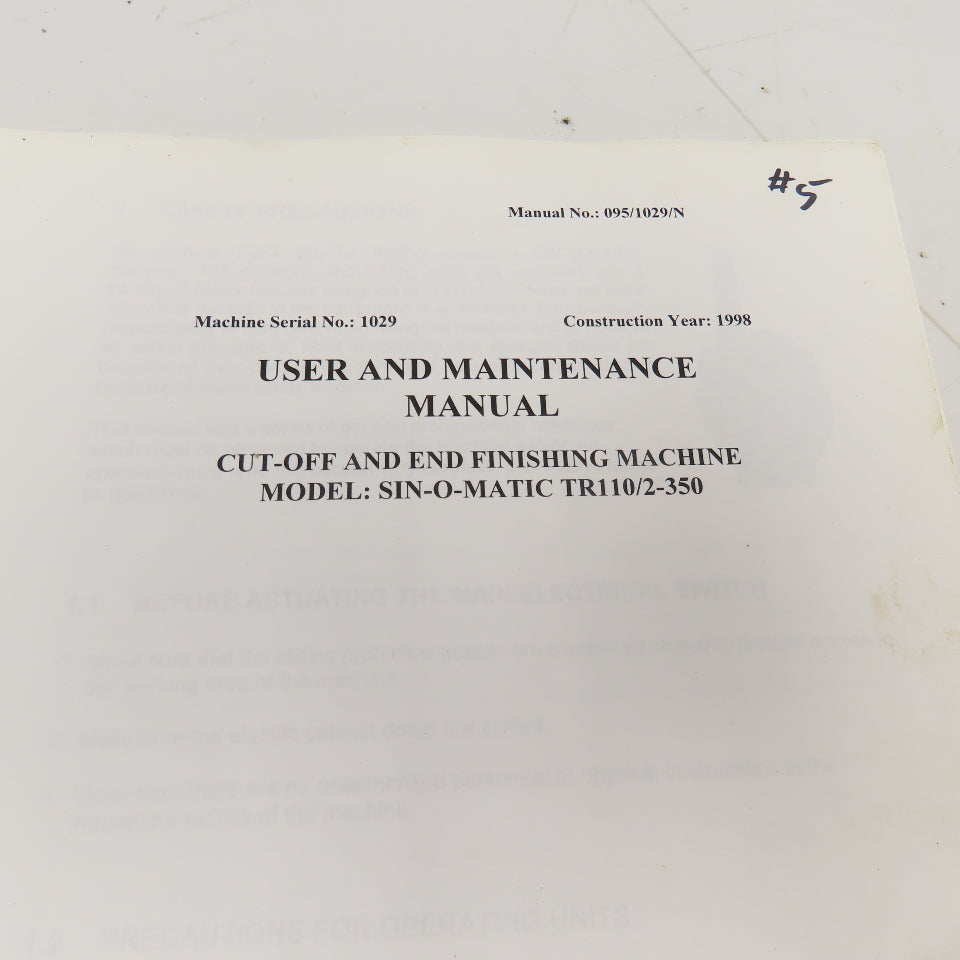 Sinico SIN-O-Matic TR110/2-350 Cut Off End Finishing User And Maintenance Manual