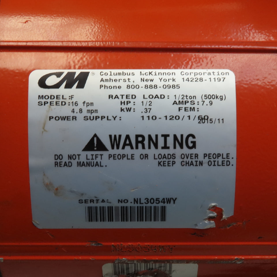CM Lodestar Model F 1/2 Ton Electric Chain Hoist 16 FPM 30' Lift 115V 1PH