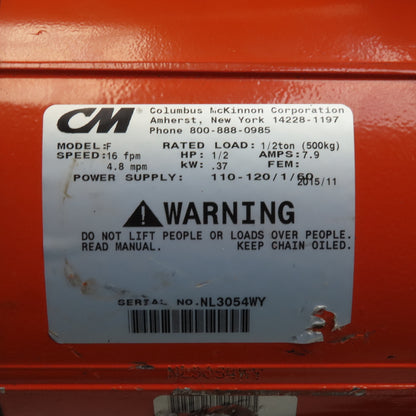 CM Lodestar Model F 1/2 Ton Electric Chain Hoist 16 FPM 30' Lift 115V 1PH