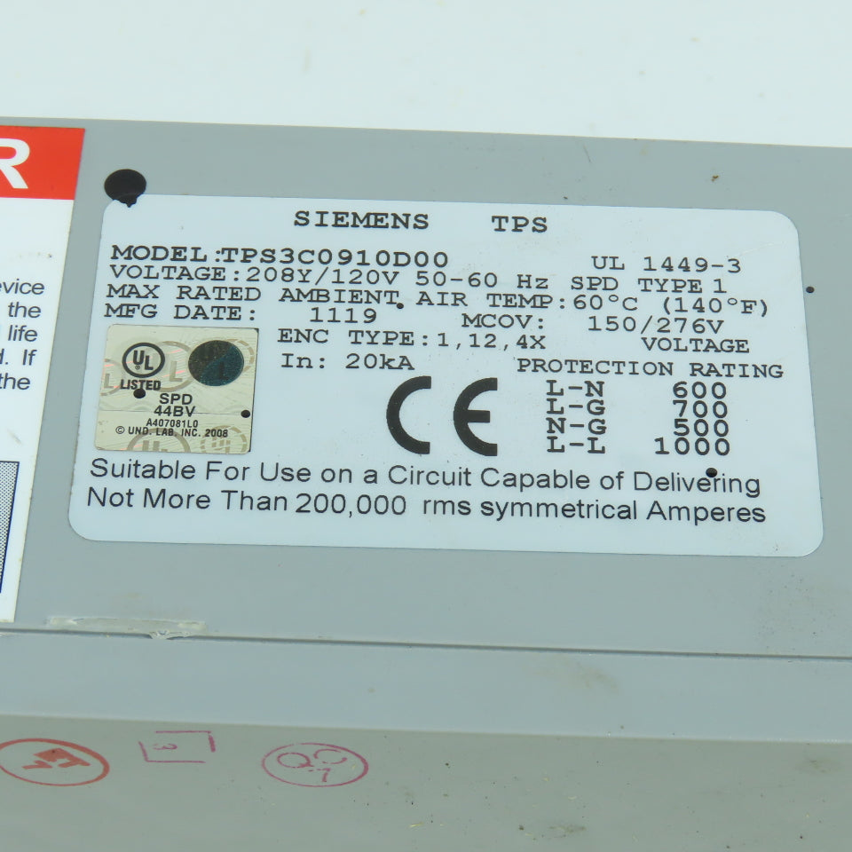 Siemens TPS3C0910D00 Surge Protection Device 208Y/120V