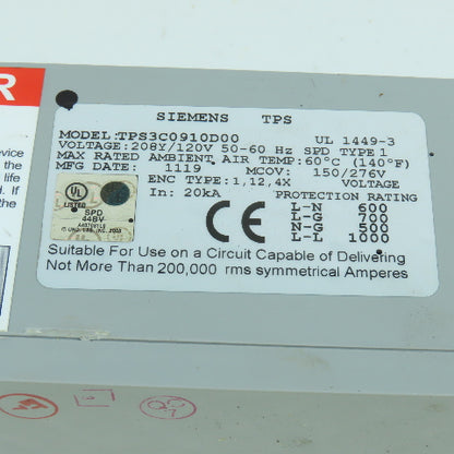 Siemens TPS3C0910D00 Surge Protection Device 208Y/120V