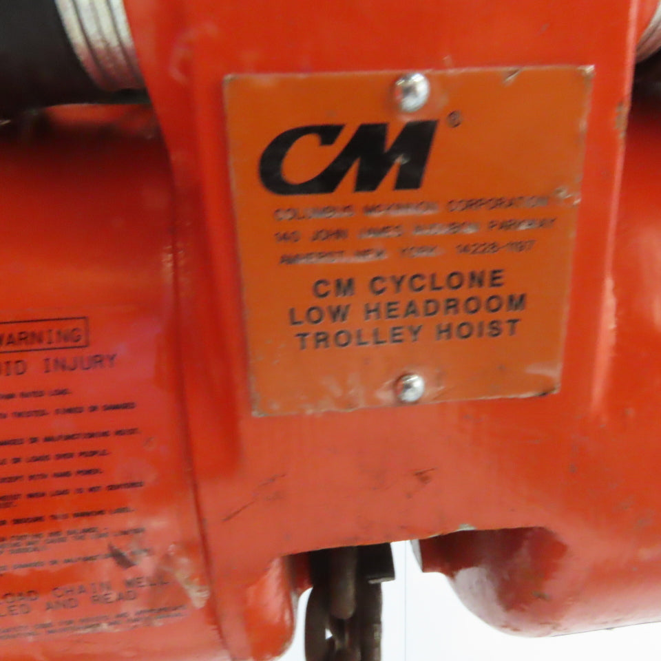 CM Cyclone 1/2-Ton Hoist Low Headroom Push Trolley 10' Lift