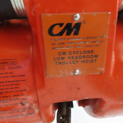 CM Cyclone 1/2-Ton Hoist Low Headroom Push Trolley 10' Lift
