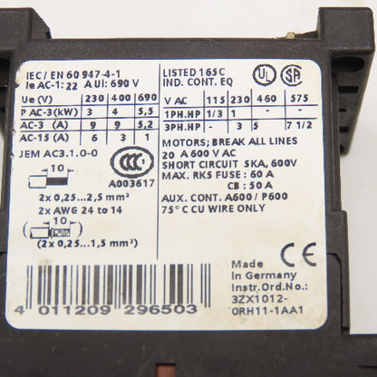 Siemens 3RT1016-2BB41 600V 20A Contactor Relay 24VDC Lot Of 3