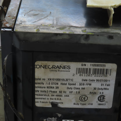 Konecrane 1 Ton 2-Speed Electric Hoist 30' Lift 32/8FPM 230/460 3PH W/ Trolley
