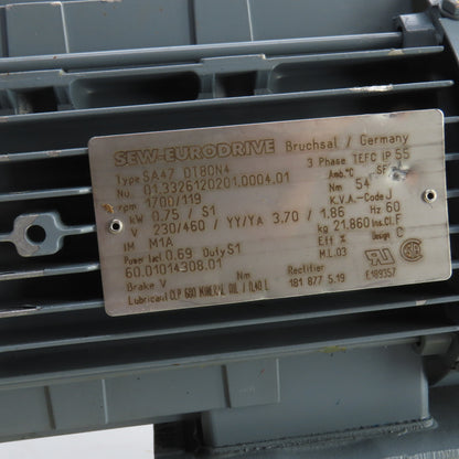 Sew-Eurodrive SA47 DT80N4 0.75kW Thru Shaft Gear Motor 119RPM 230/460V 3PH