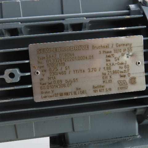 Sew-Eurodrive SA47 DT80N4 0.75kW Thru Shaft Gear Motor 119RPM 230/460V 3PH
