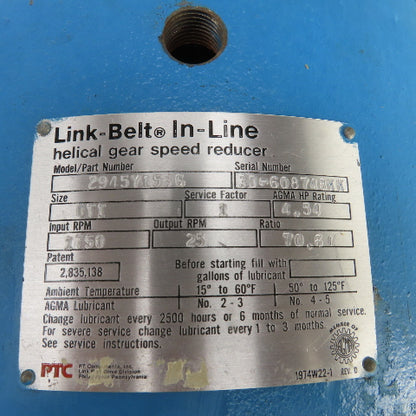 Link belt 2945Y153G 70.61 Ratio In-Line Helical Gear Speed Reducer 25RPM 4.54HP