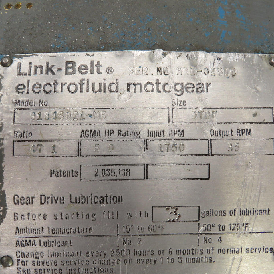 Link Belt 9184S921-MR 47.1 Ratio Electrofluid Helical Gear Speed Reducer 35RPM