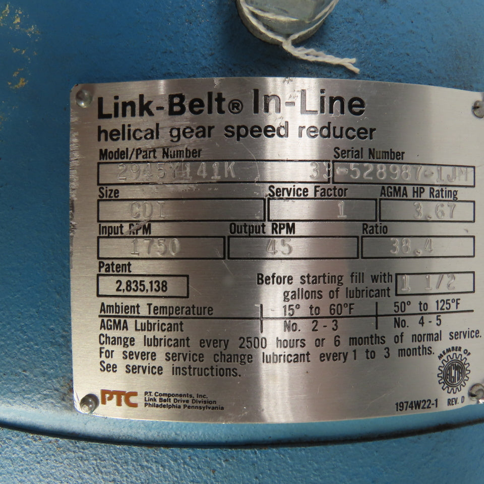 Link Belt 2945Y141k 38.4 Ratio In-Line Helical Gear Speed Reducer 45RPM 3.67HP
