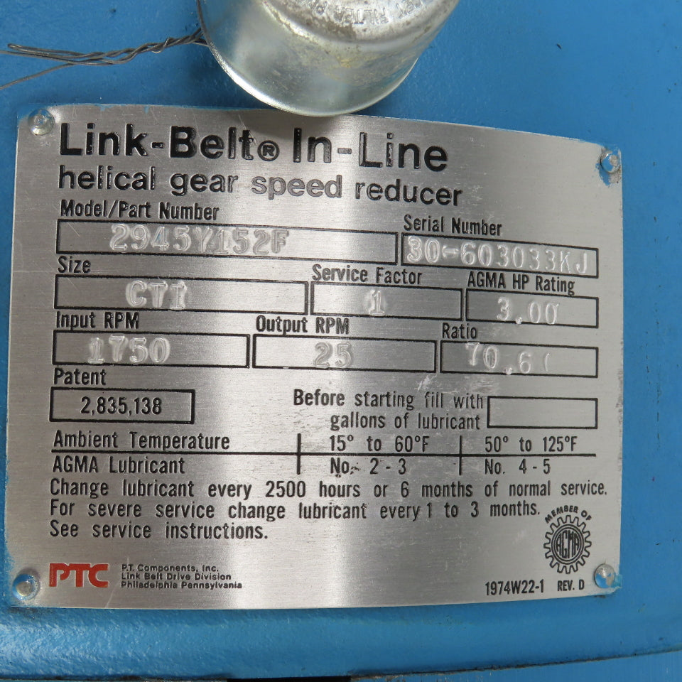 Link Belt 2945Y152F 70.6 Ratio In-Line Helical Gear Speed Reducer 25RPM 3HP CTI