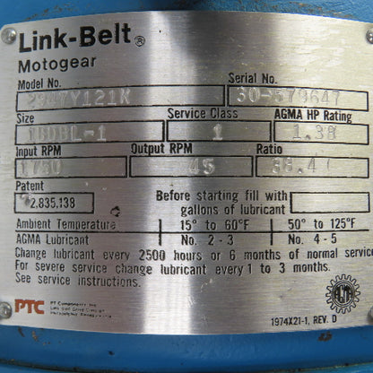 Link Belt 2947Y121K 38.4 Ratio Motorgear Helical Gear Speed Reducer 45RPM 1.38HP