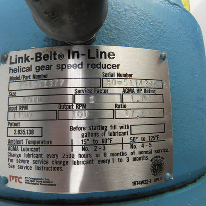 Link Belt 2945Y137F 17.1 Ratio In-Line Helical Gear Speed Reducer 100RPM 1.3HP