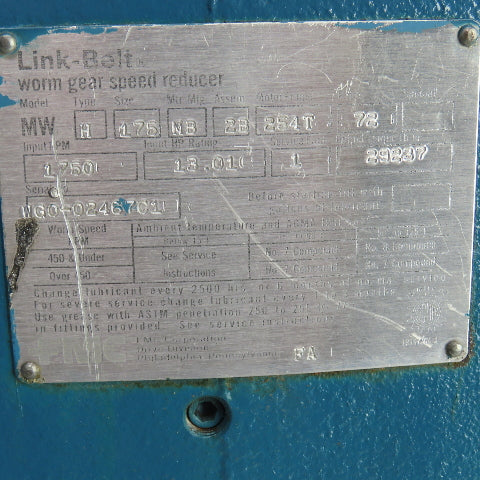 Link Belt MW 72:1 Ratio Left Hand Worm Gear Speed Reducer 24RPM 29,237 LB Torq.
