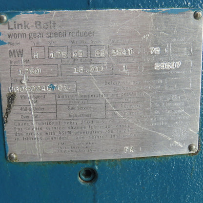 Link Belt MW 72:1 Ratio Left Hand Worm Gear Speed Reducer 24RPM 29,237 LB Torq.