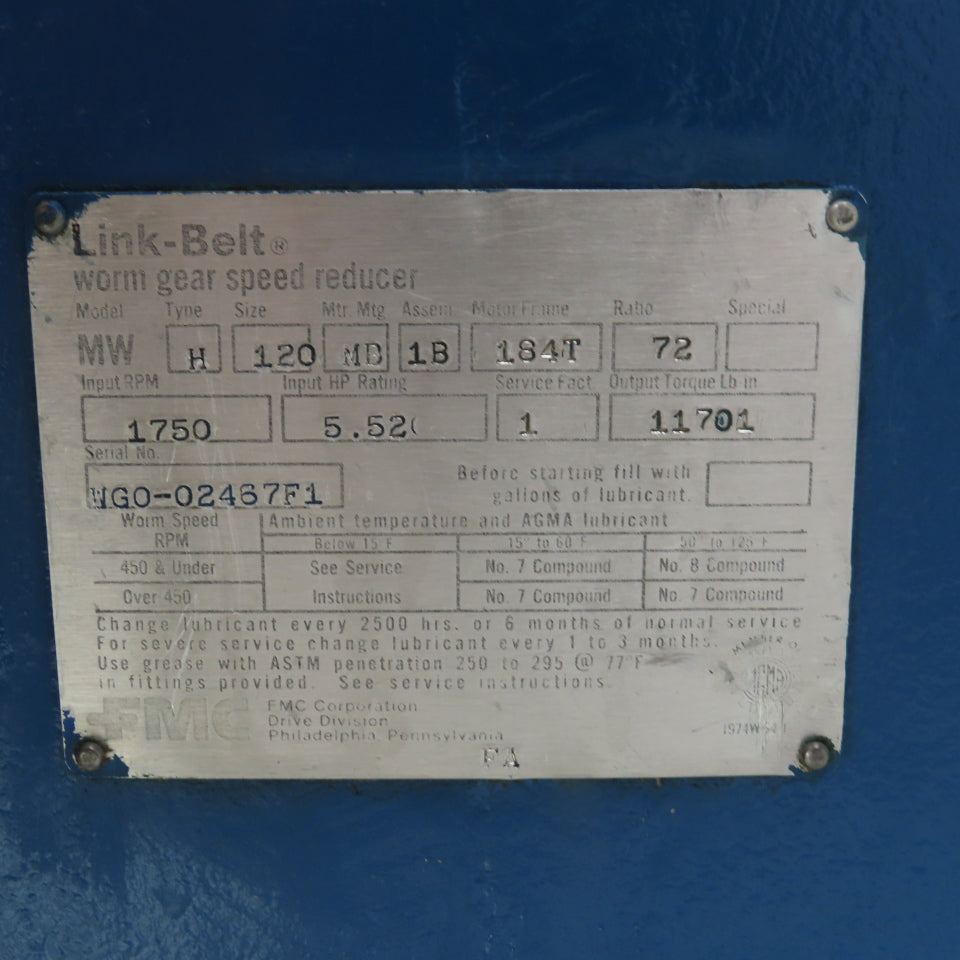 Link Belt MW 72:1 Ratio Right Hand Worm Gear Speed Reducer 24RPM 11,701 LB Torq.
