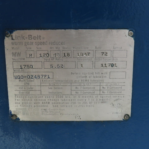 Link Belt MW 72:1 Ratio Right Hand Worm Gear Speed Reducer 24RPM 11,701 LB Torq.