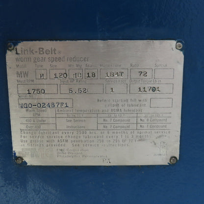 Link Belt MW 72:1 Ratio Right Hand Worm Gear Speed Reducer 24RPM 11,701 LB Torq.