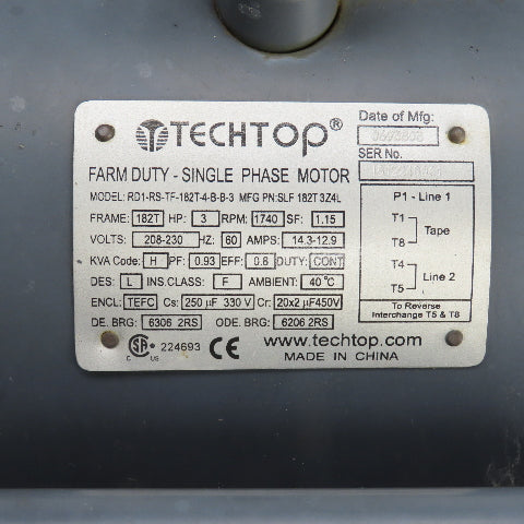 Techtop RD1-RS-TF-182T-4-B-3 3HP AC Electric Motor 1725RPM 208-230V 1PH 182T FR.