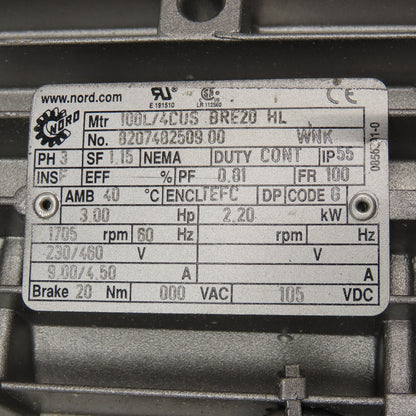 Nord 90121AZSH-IEC100-100 41.65:1 Ratio 41RPM Brake Gear Motor 3Hp 230/460V