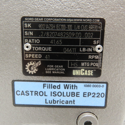 Nord 90121AZSH-IEC100-100 41.65:1 Ratio 41RPM Brake Gear Motor 3Hp 230/460V