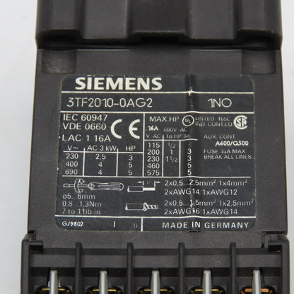 Siemens 3TF2010-0AG2 Size 00 3 Pole Contactor 1NO 600V 5Hp 110V Coil