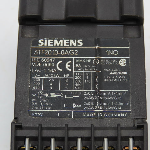 Siemens 3TF2010-0AG2 Size 00 3 Pole Contactor 1NO 600V 5Hp 110V Coil