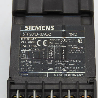 Siemens 3TF2010-0AG2 Size 00 3 Pole Contactor 1NO 600V 5Hp 110V Coil